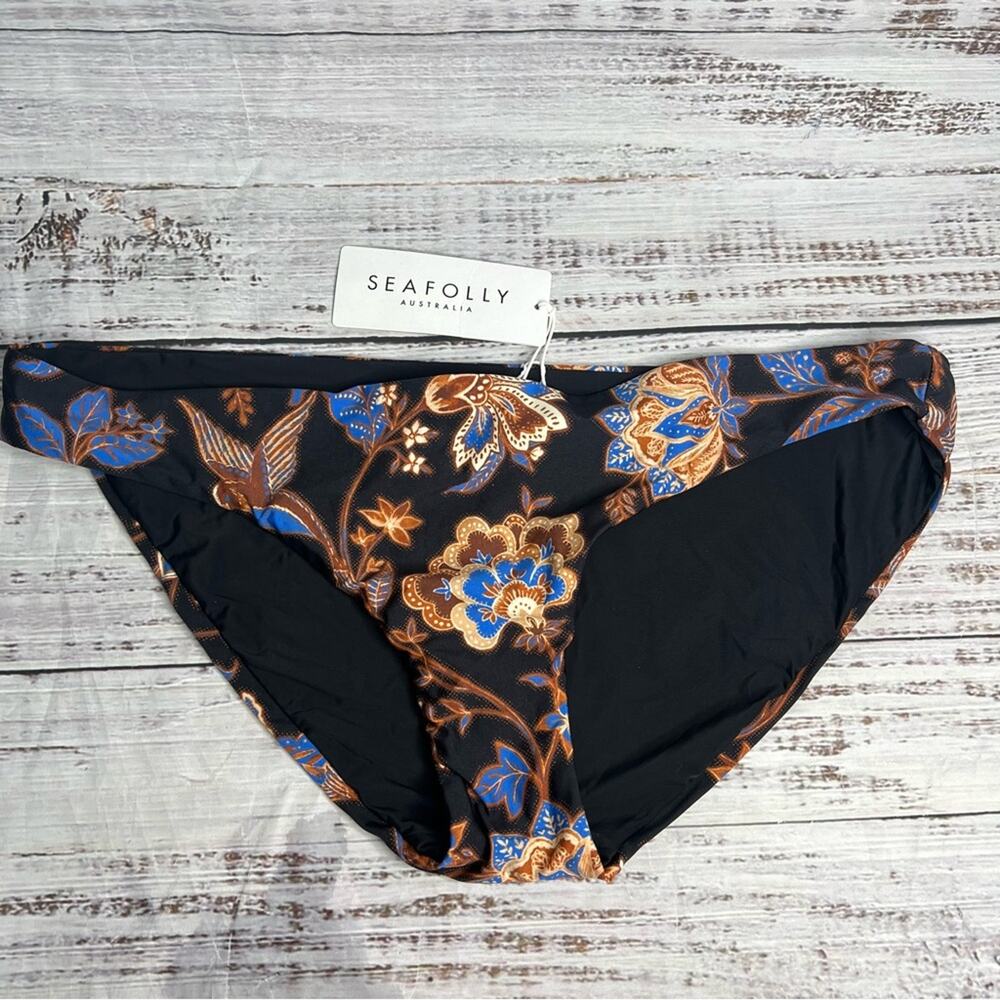 Seafolly US 12 Silk Road Hipster Bikini Bottom - Black Blue Paisley Swim Bottoms - Picture 3 of 9